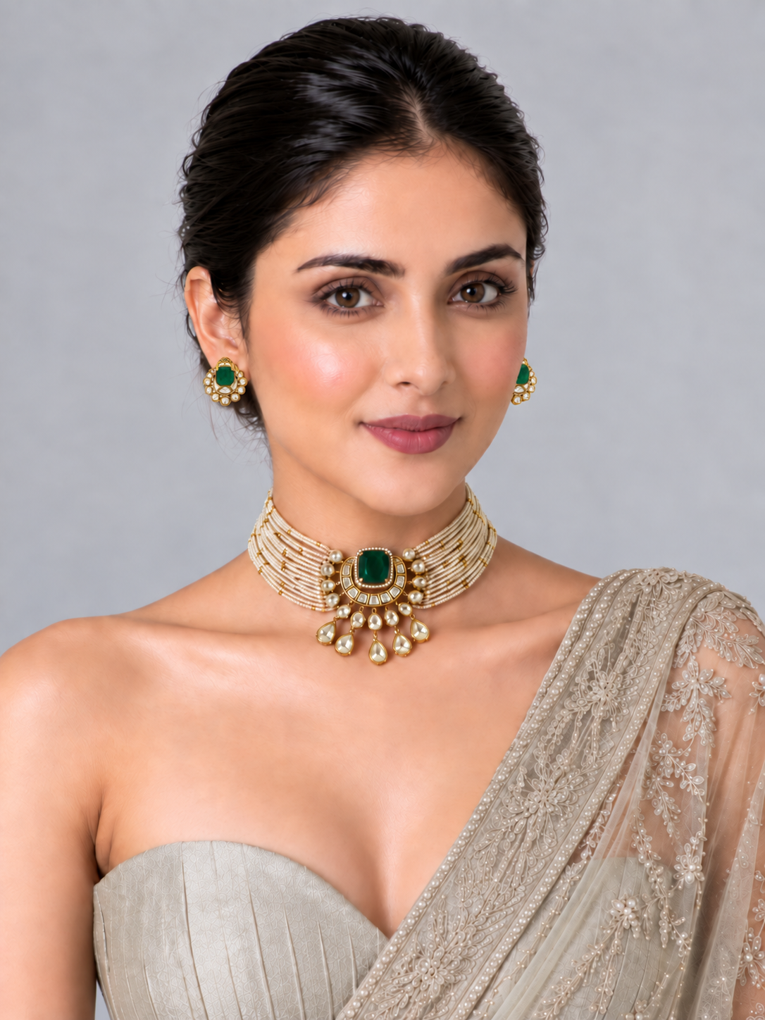 Emerald Pearl Moissanite Polki Choker Set