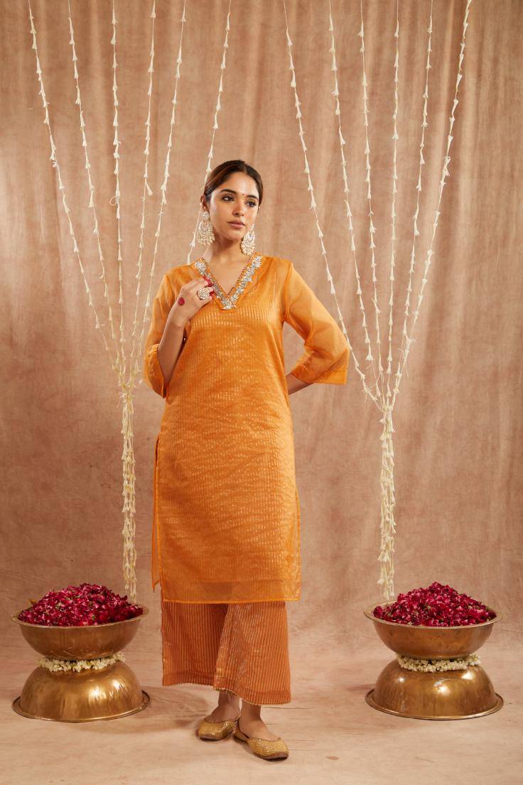 Orange Lily Floral Embroidred Kurta with Flared Pants