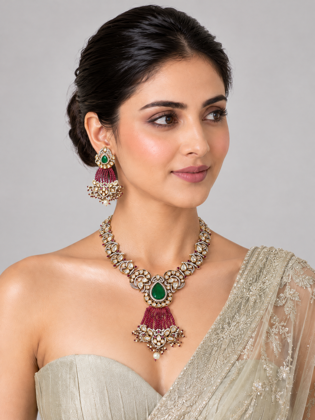 Emerald Moissanite Polki Necklace Set