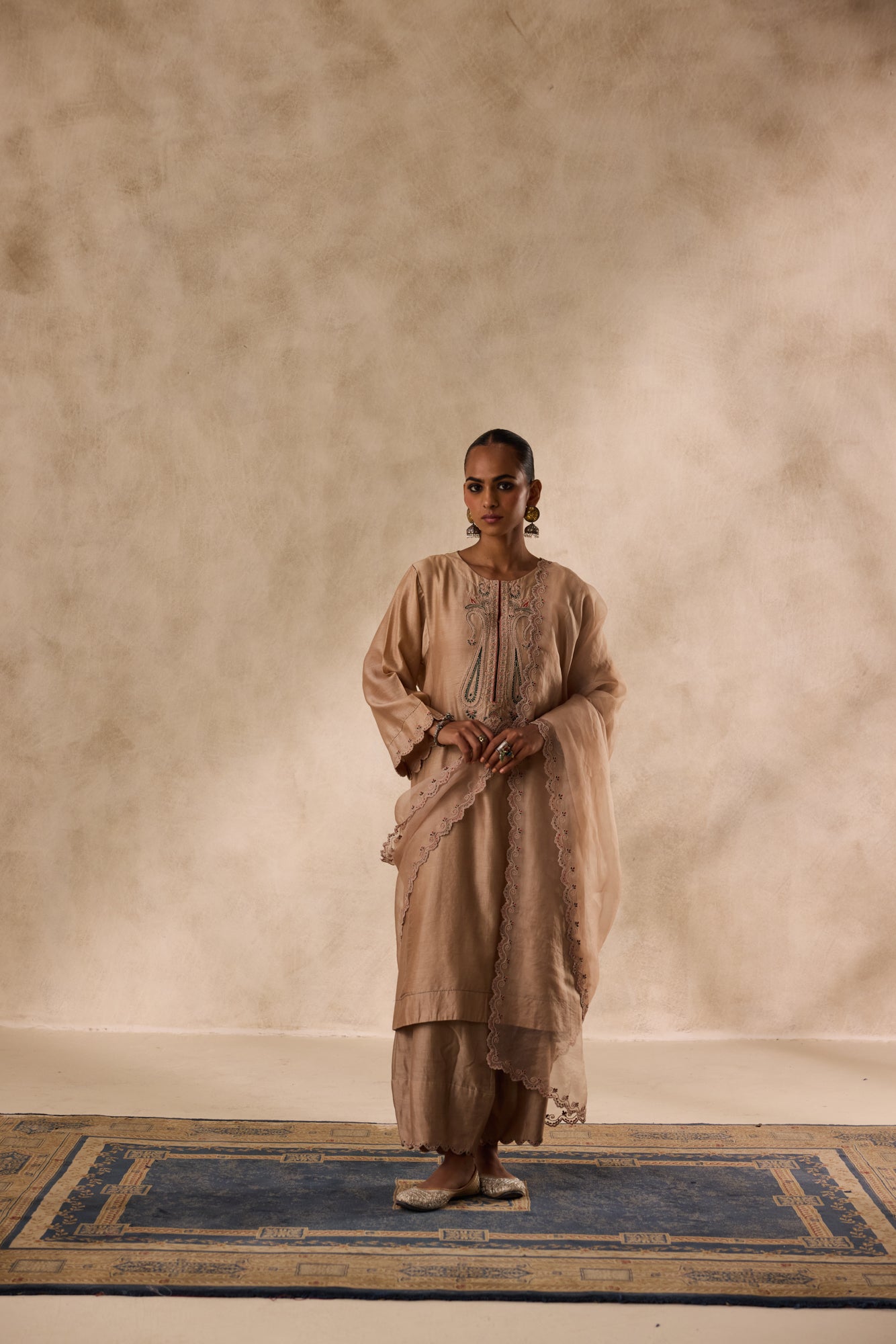 Champagne chanderi dori work  embroidered kurta paired with organic cotton slip, afgani salwar & organza dupatta