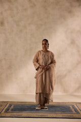 Champagne chanderi dori work  embroidered kurta paired with organic cotton slip, afgani salwar & organza dupatta