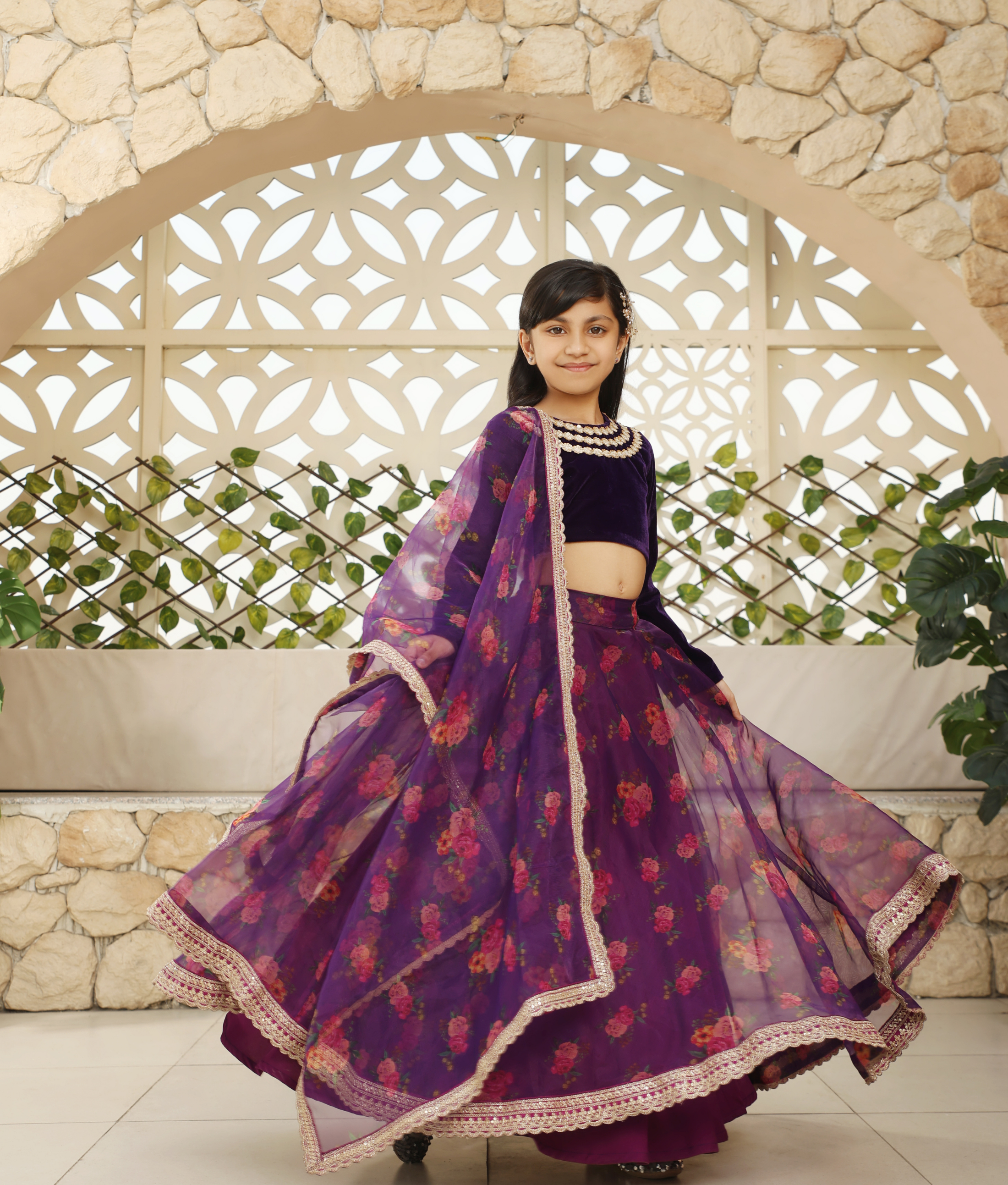 Purple Velvet Choli with Printed Lehenga