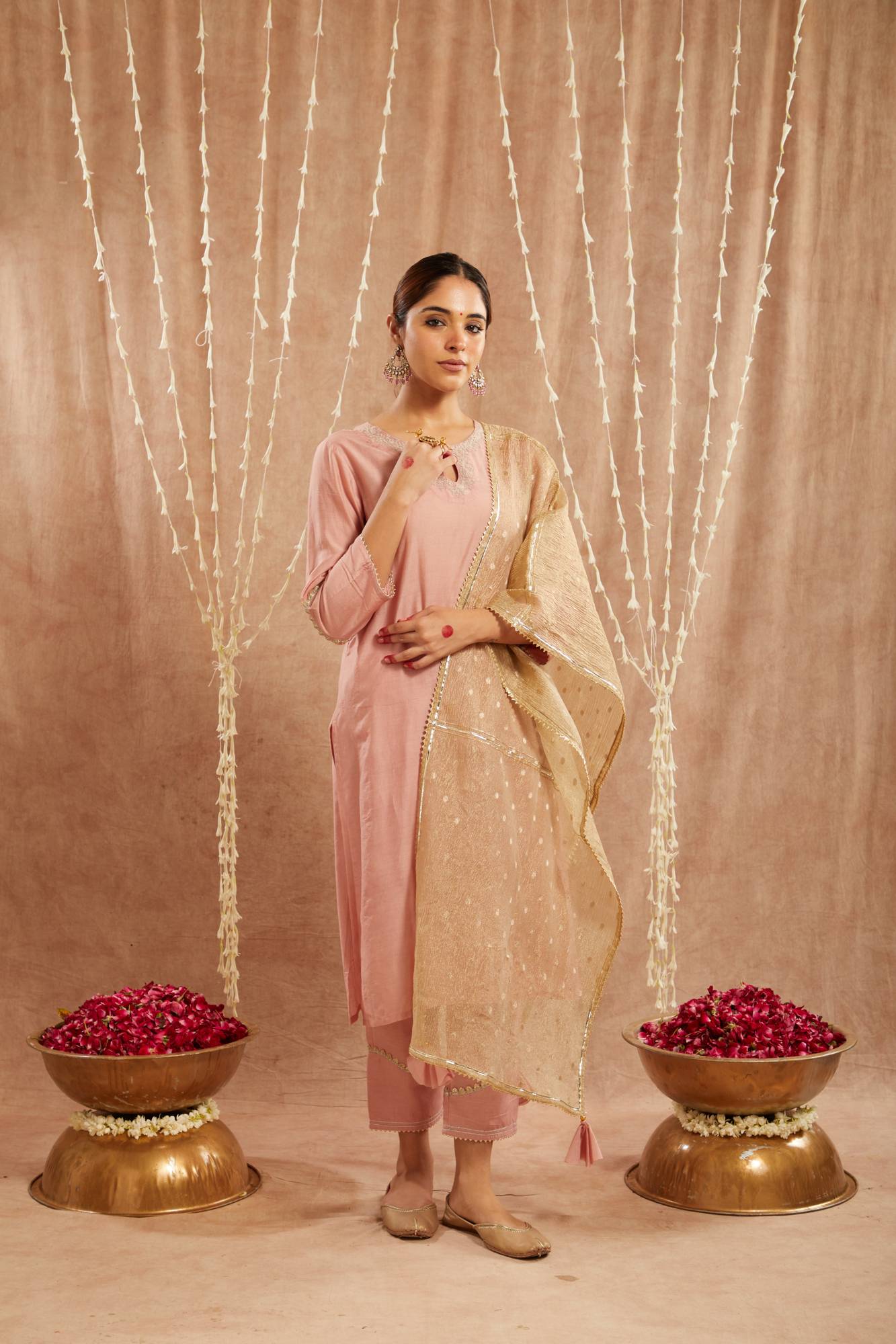 Peach Dori Chanderi Kurta with Narrow Pants