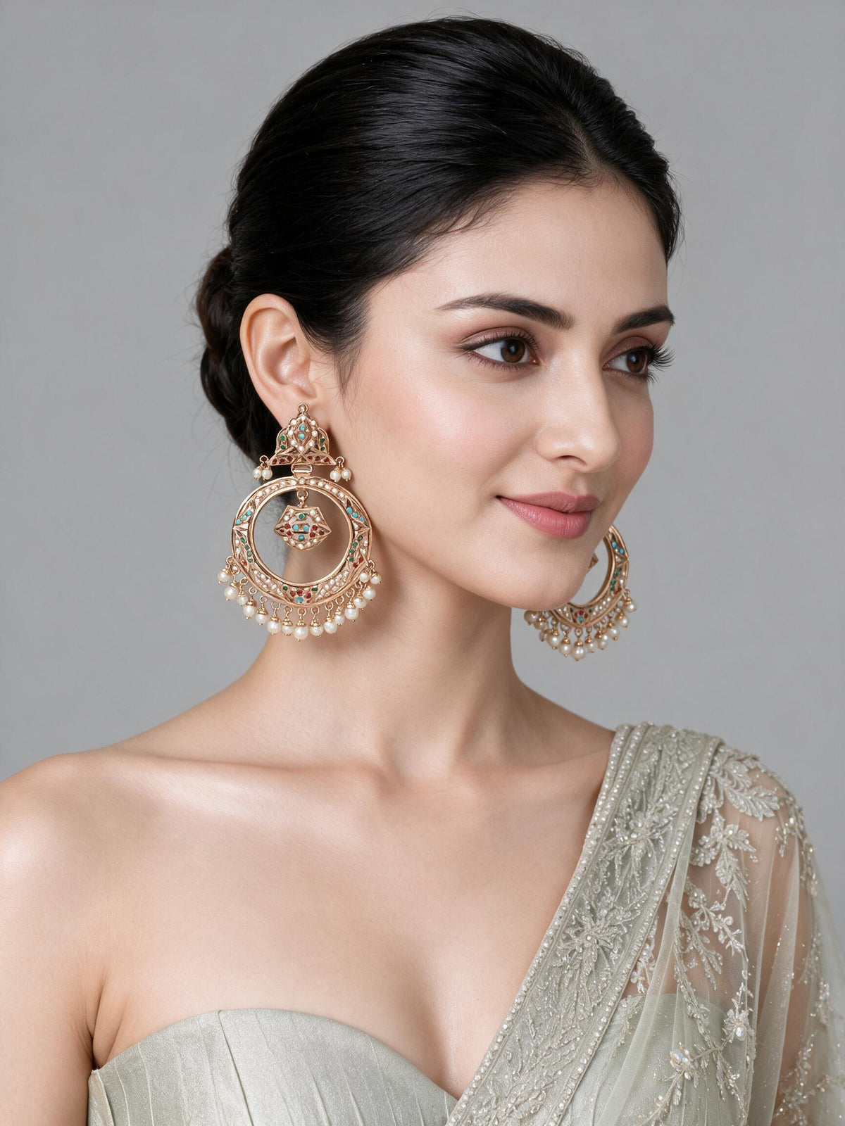Multicolour Jadau Pearl Hoop Statement Earrings