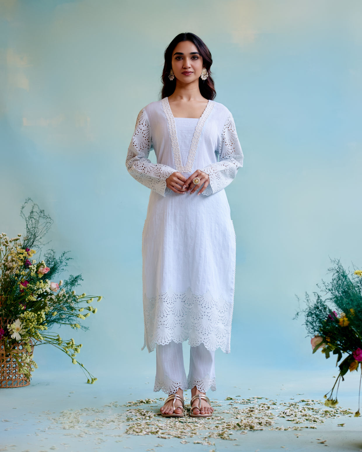 Periwinkle Blue Kurta in Cotton Dobby with Lace Detaling and Scallop Sleeves