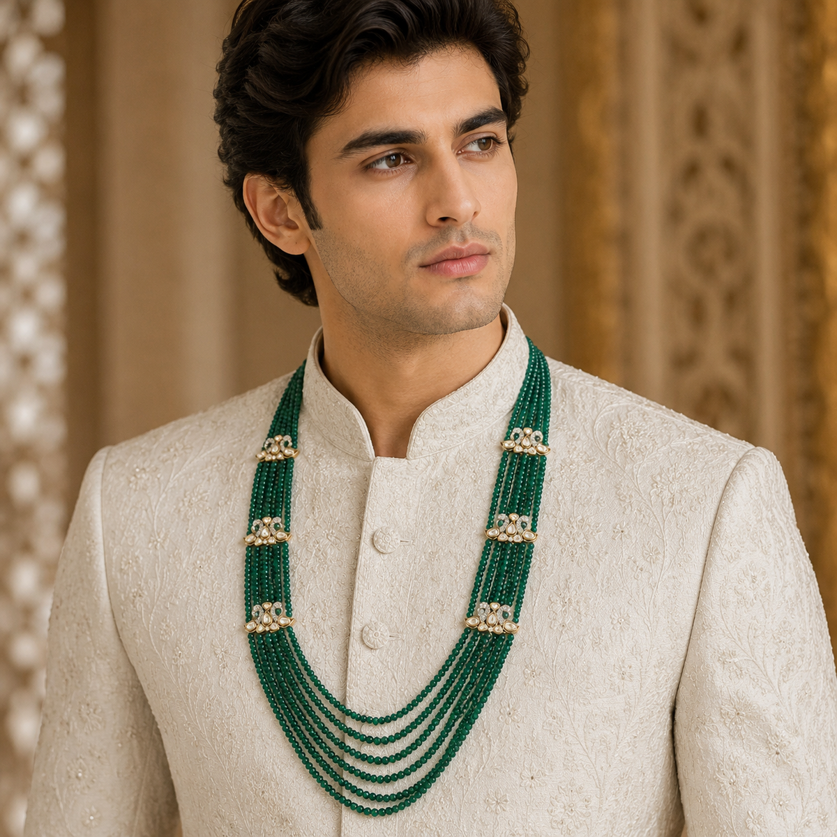 Layered Green Beaded Kundan Groom Mala
