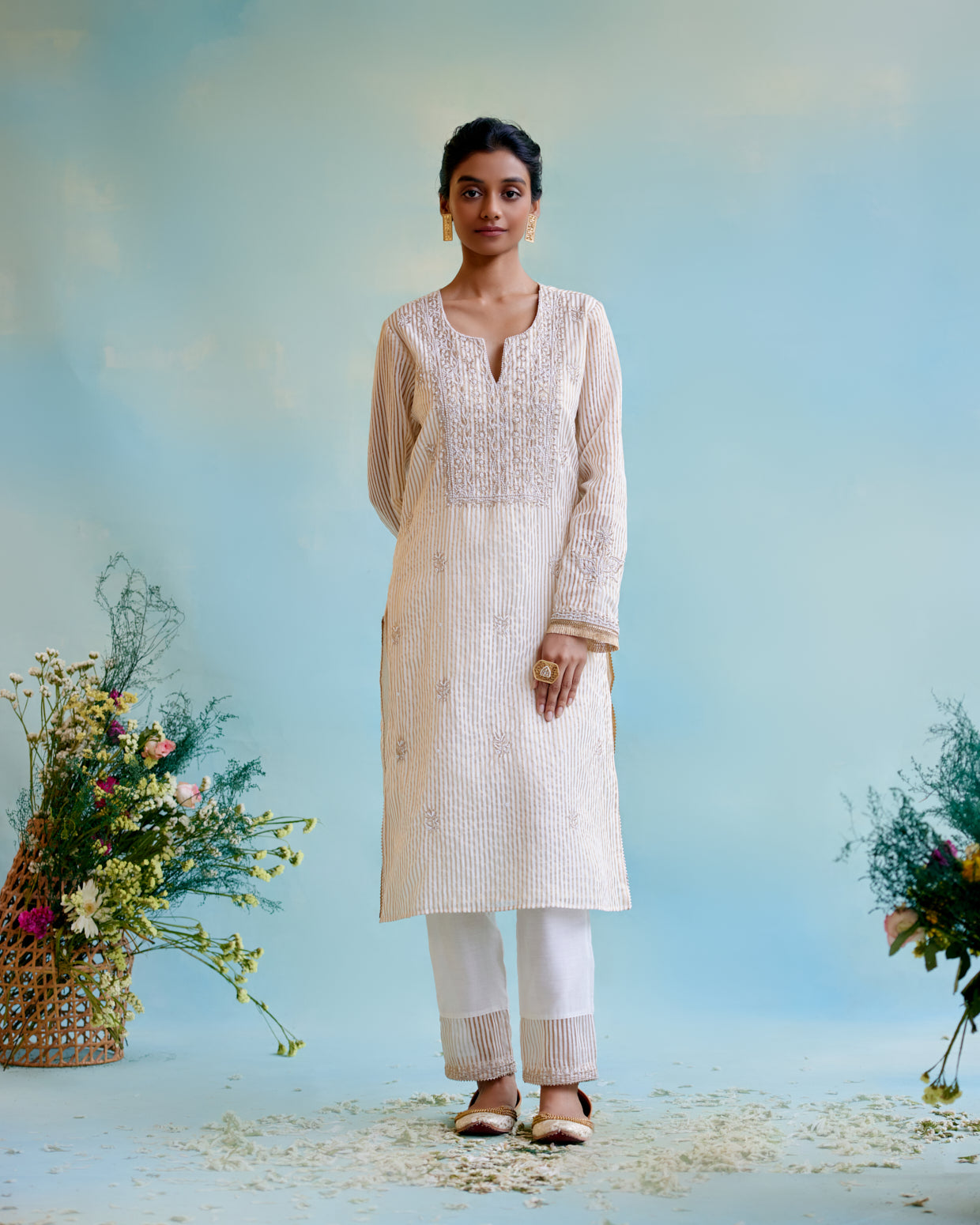 Gold Zari Crushed Stripe Tissue Kurta with Floral Embroidery and Bead Work