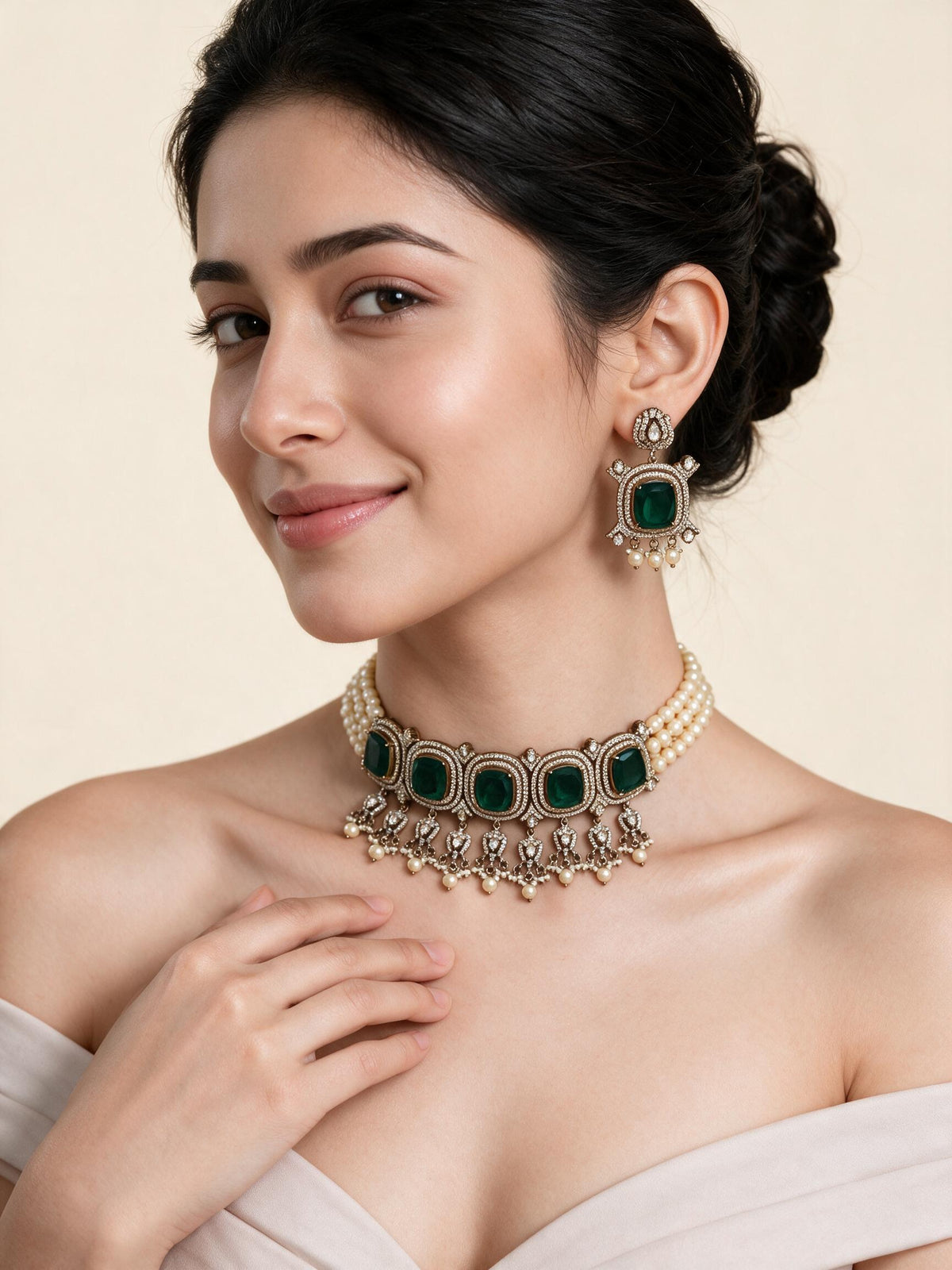 Emerald Green Moissanite Pearl Choker Set