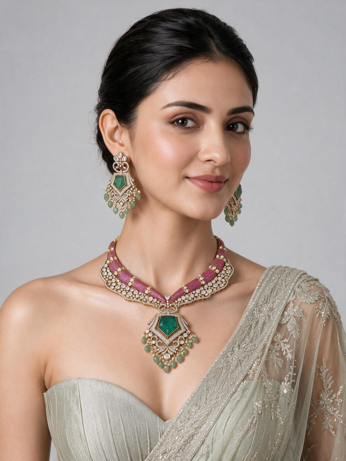 Emerald Pearl Statement Necklace Set 06