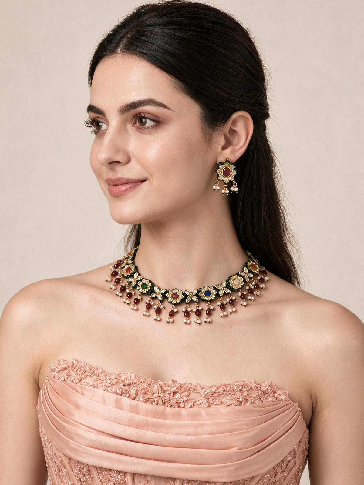 Navratna Kundan Floral Necklace Earring Set