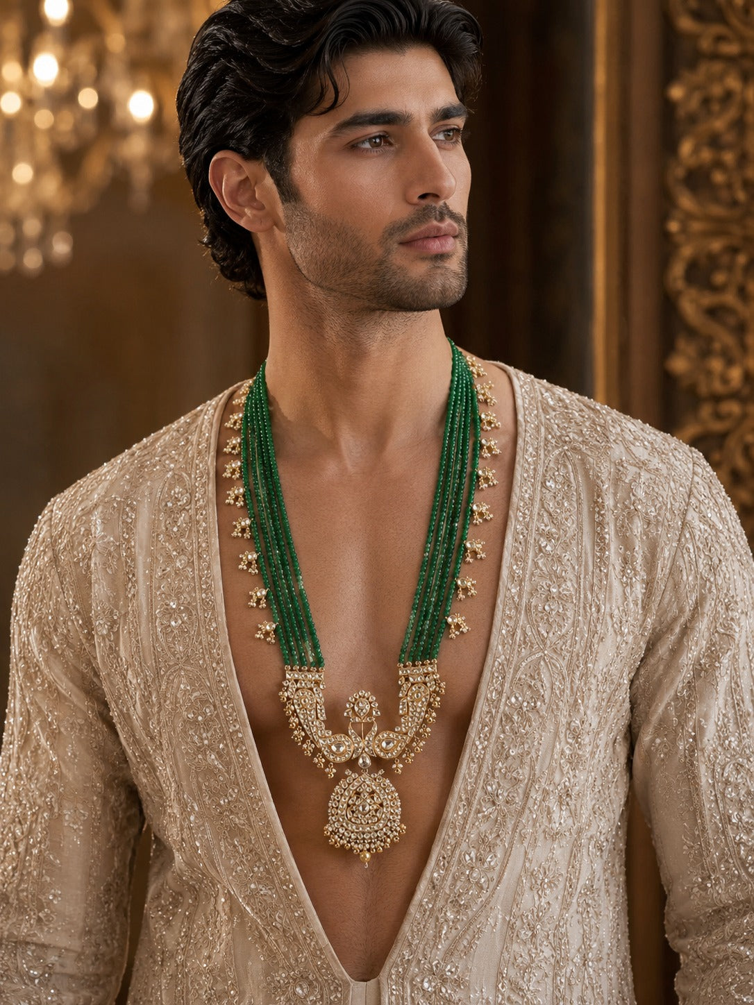 Green Beaded Kundan Pendant Groom Necklace