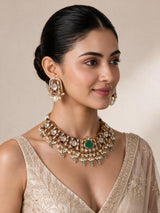 Sage Green Semi-Precious Stone Kundan Choker Set with Ruby Accents & Pearl Drops
