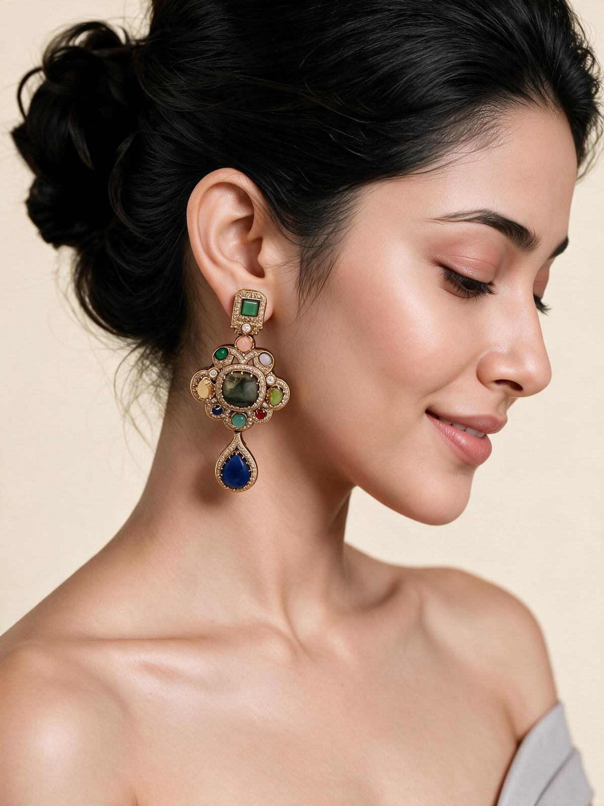 Multicolour Semi-Precious Stone Statement Drop Earrings