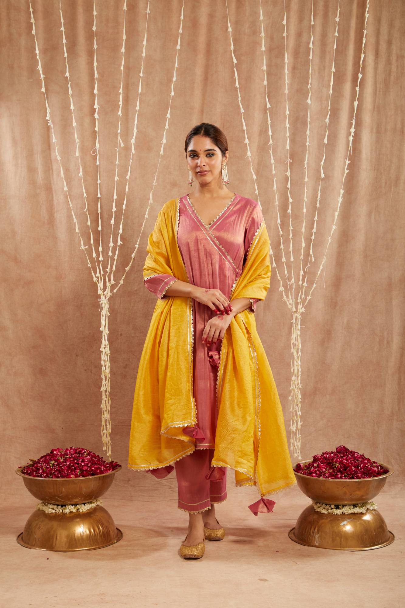 Pink Scallop Tissue Angrakha with 
Narrow Pants
