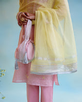 Pink Rose Tissue Potli Bag with lace deatiling and zari tassels for women