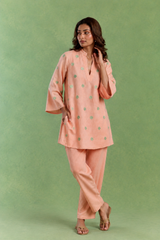 Peach Flora Embroidered Handloom Cotton Co-ord Set