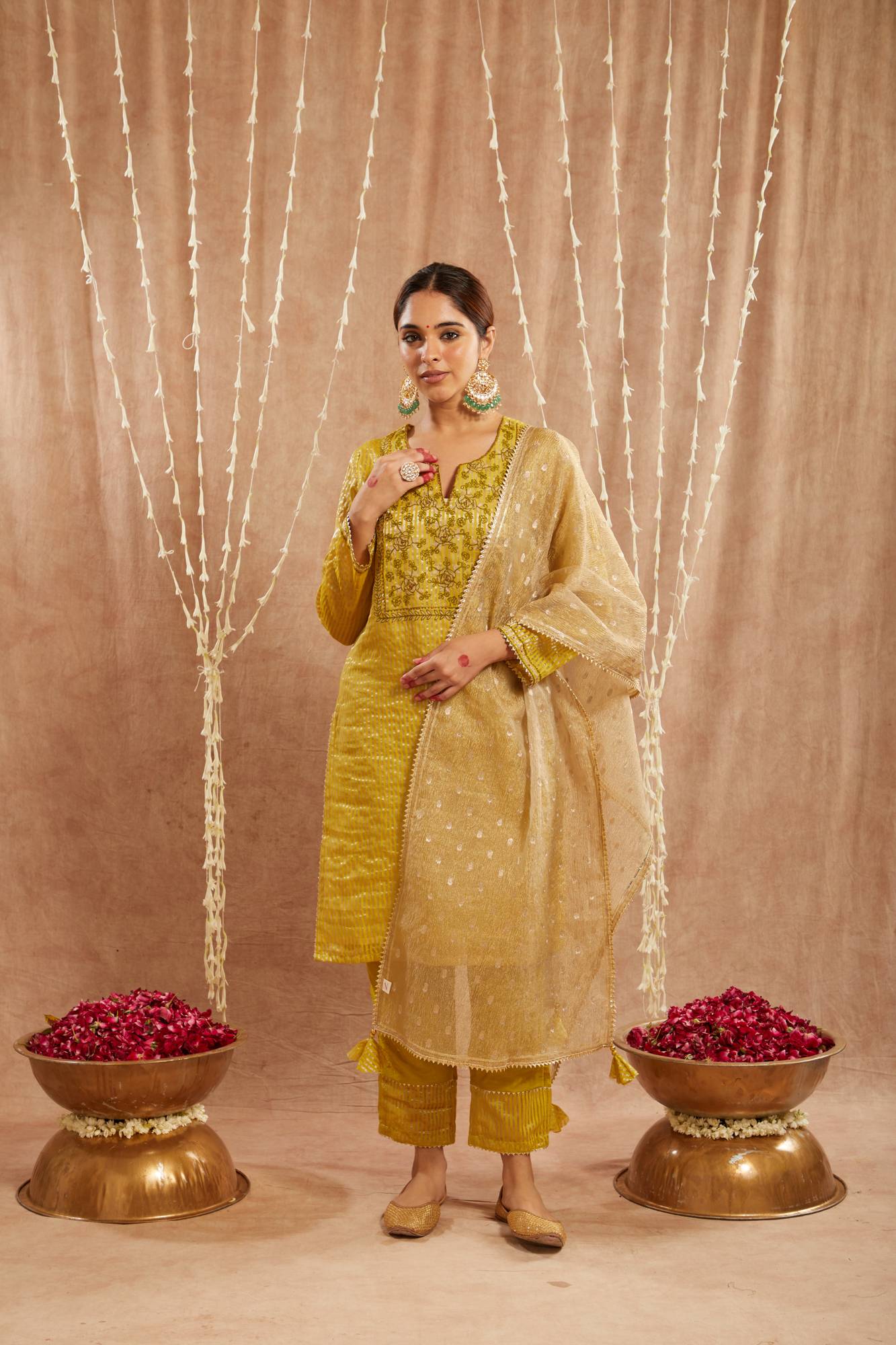 Olive Green Embroidered Kurta with 
Narrow Pants