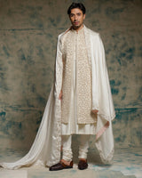 Ivory embriodered pearl open sherwani set