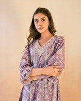 Mauve Chintz Cutwork Cotton Kurta with Wide Leg Pants