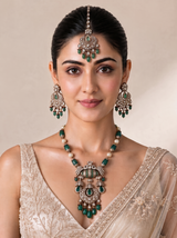 Emerald Green Semi-Precious Stone Kundan Long Necklace Set with Maang Tikka