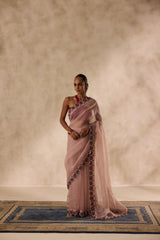 Rose gold organza heavy cutwork border embroidered saree comes with unstitched & unembroidered blouse fabric in chanderi