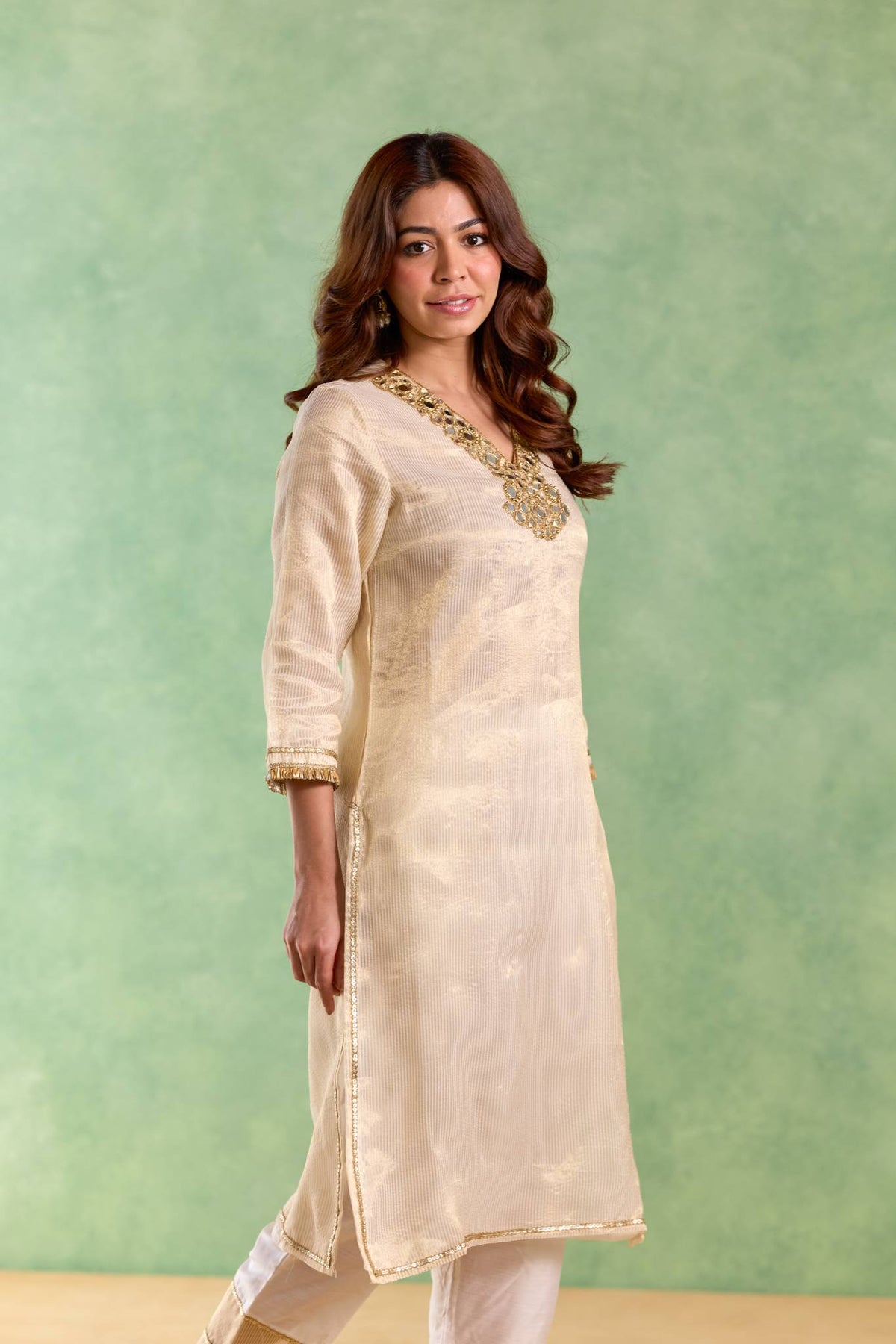 Gold Mirror Embroidered Chanderi Stripe Kurta Set - Set of 2