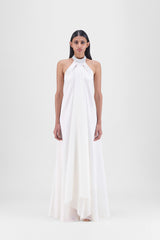 METALLIC FLUID HALTER DRESS