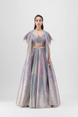 METALLIC FLUTED TULLE PRINTED CAPE AND SKIRT SET