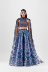 METALLIC BRAIDED HALTER TOP WITH A FLUTED TULLE PRINTED SKIRT