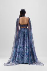 METALLIC BRAIDED HALTER TOP WITH A FLUTED TULLE PRINTED SKIRT