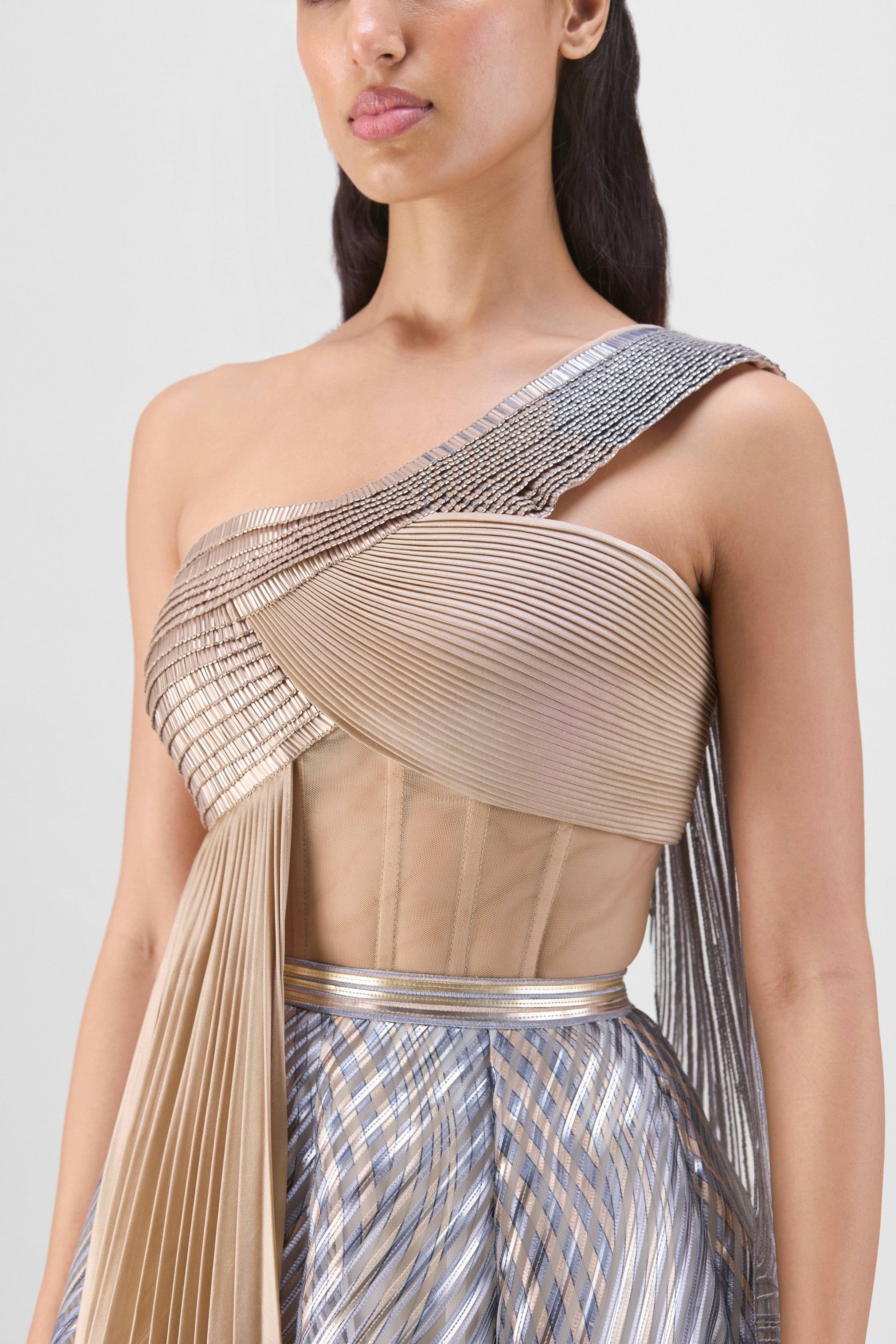 METALLIC FLUTED TULLE PRINTED SKIRT AND TOP WITH TWO DRAPES