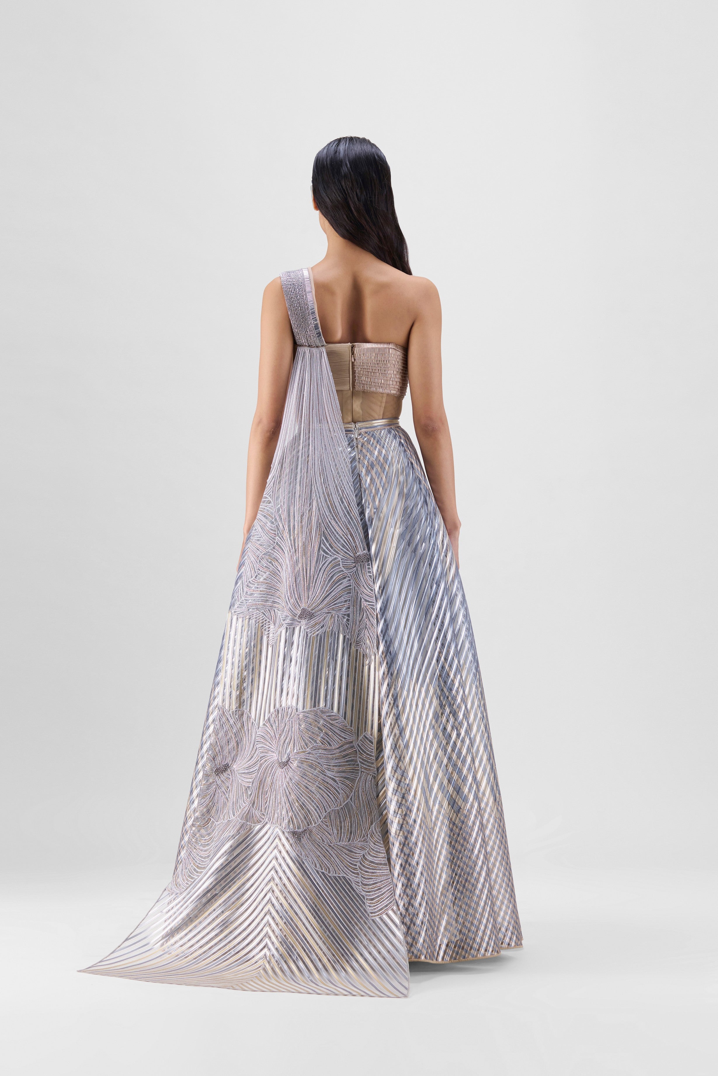 METALLIC FLUTED TULLE PRINTED SKIRT AND TOP WITH TWO DRAPES