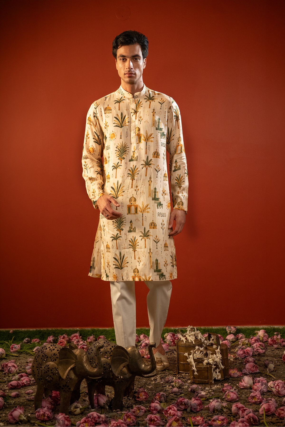 Varun — Cream Printed Falling Raw Silk Kurta