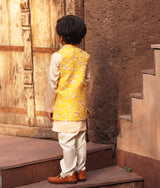 Yellow Parsi work Jacket with Kurta and Pant