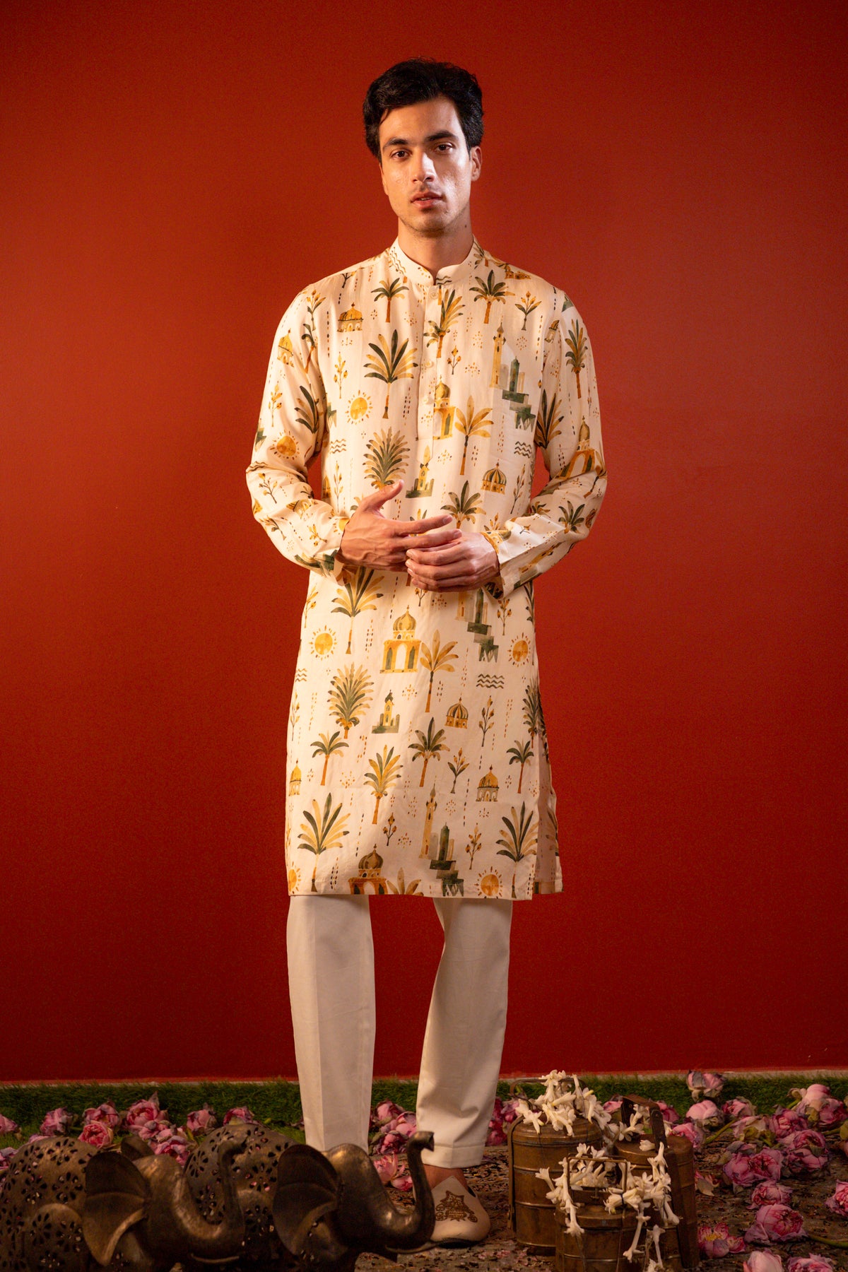 Varun — Cream Printed Falling Raw Silk Kurta