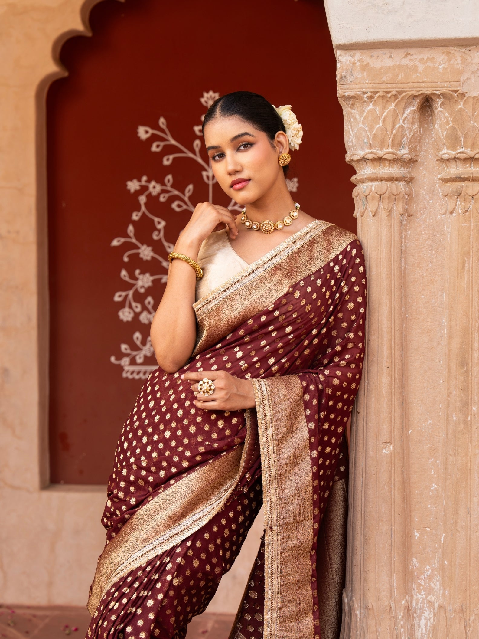 Maroon Pure Chiffon Banarasi Silk Handloom Saree