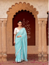 Sky Blue Pure Georgette Handloom Mirror Work Saree