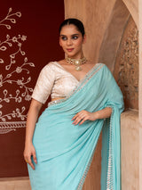 Sky Blue Pure Georgette Handloom Mirror Work Saree