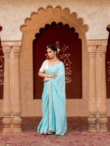 Sky Blue Pure Georgette Handloom Mirror Work Saree