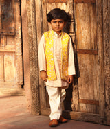 Yellow Parsi work Jacket with Kurta and Pant
