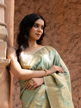 Seafoam Green Pure Tissue Silk Banarasi Handloom Saree