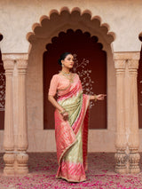 Sea Green Pink Bridal Pure Katan Silk Banarasi Handloom Saree