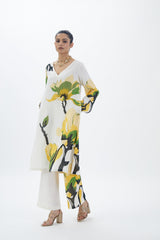 IVORY YELLOW LINEN FLORAL PRINTED KURTA SET