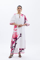 White Fuschia Poplin Long Tunic & Pant  Co-ord