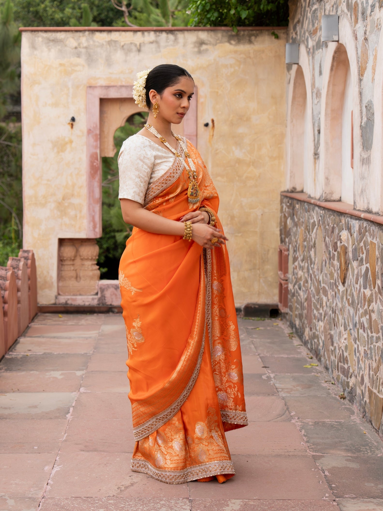 Orange Pure Katan Silk Bridal Banarasi Handloom Saree