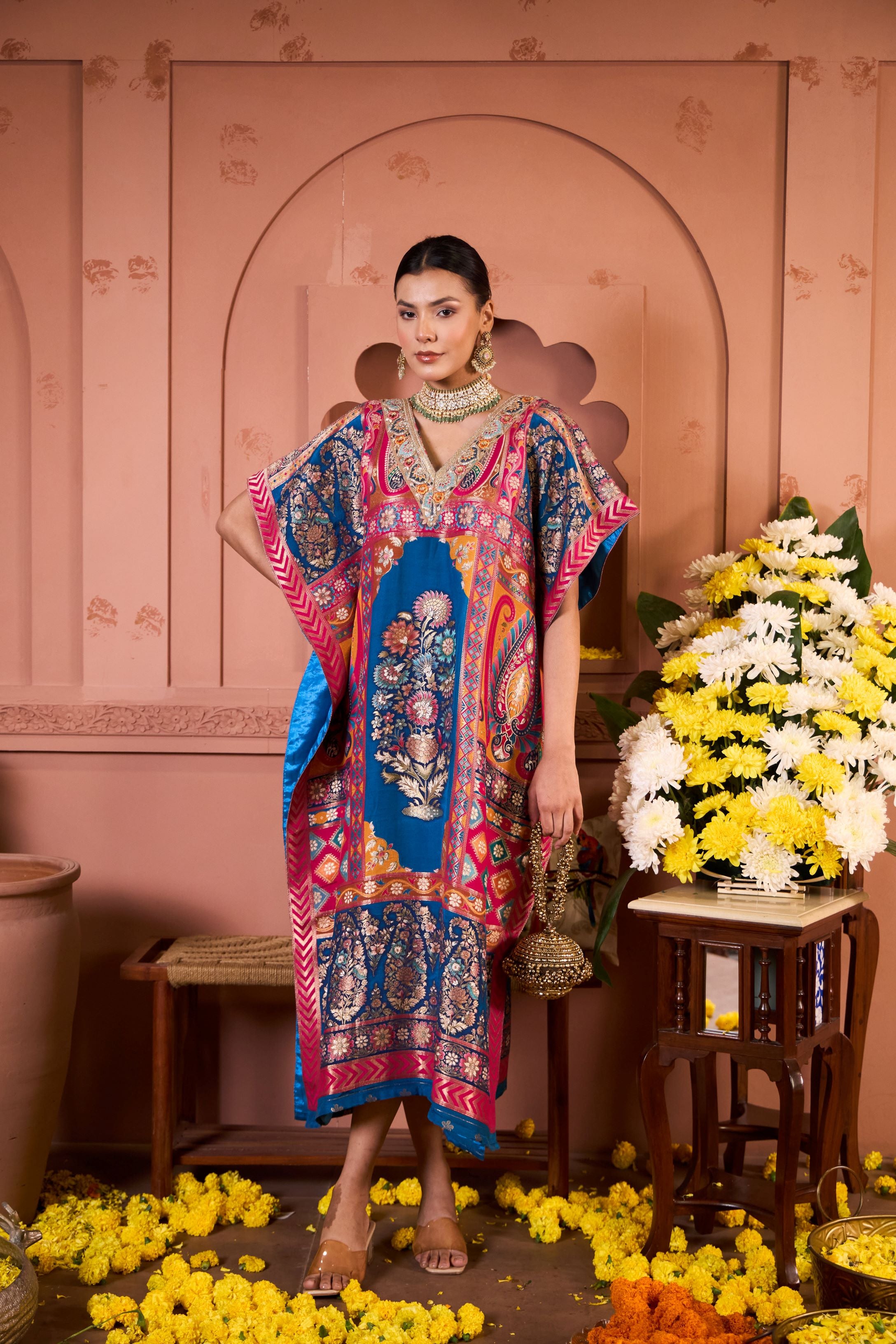 Banarasi Begum Embroidered Kaftan- Blue