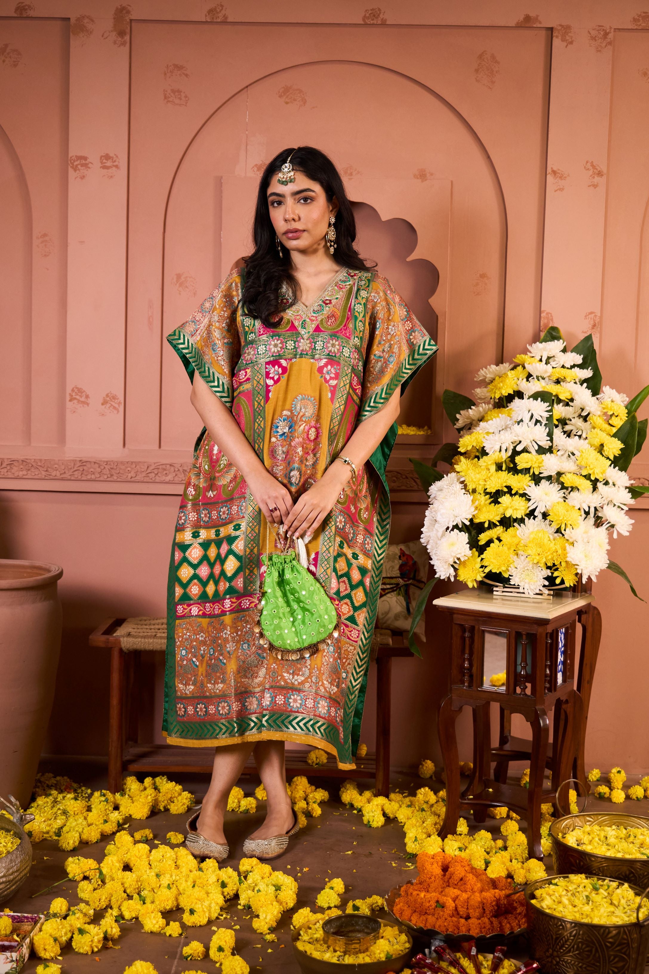 Banarasi Begum Embroidered Kaftan- Yellow
