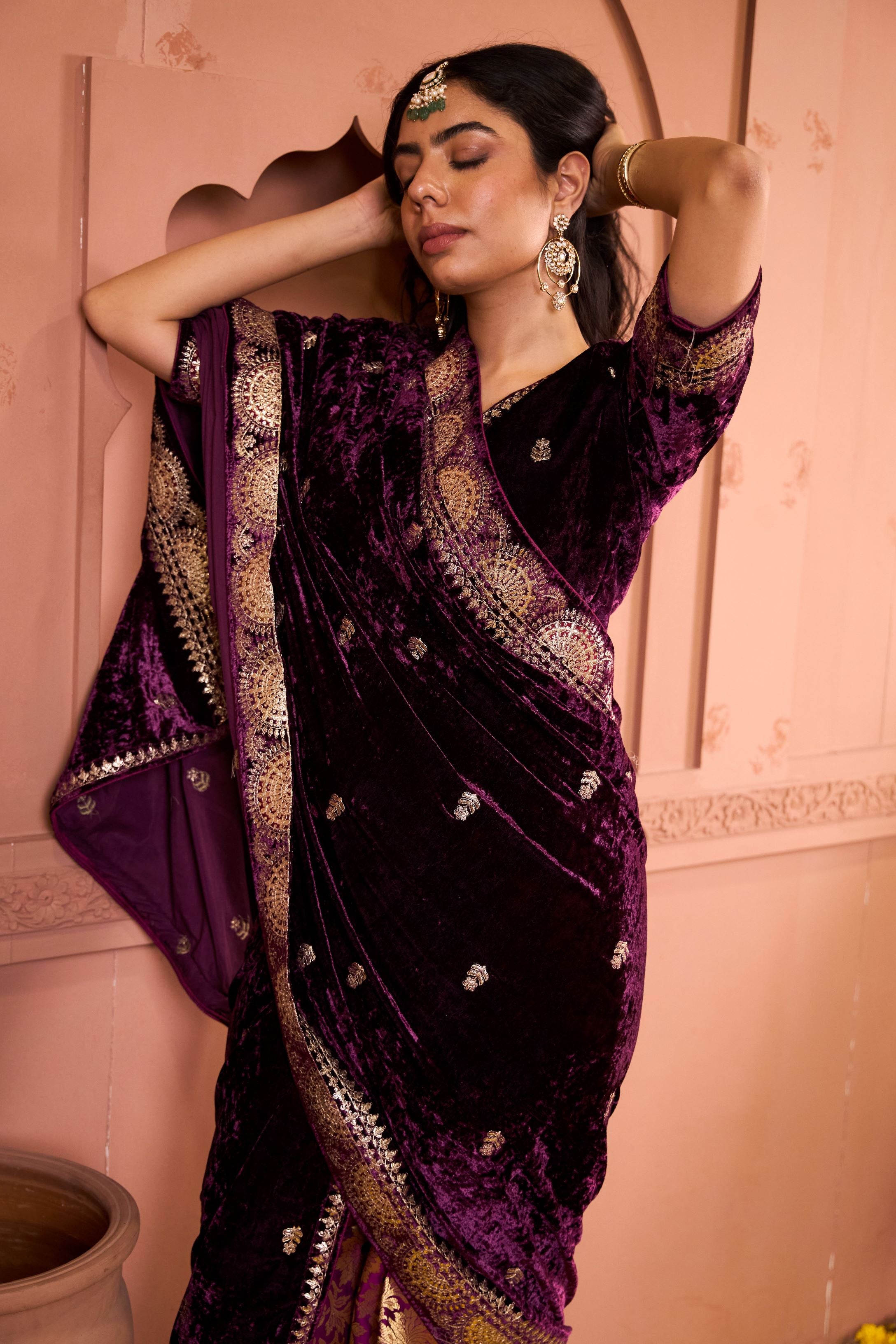 Velvet Blouses with Brocade Pants and Velvet Palla - Purple