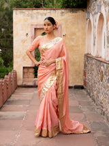 Peach Pure Tissue Handloom Gota Patti Saree