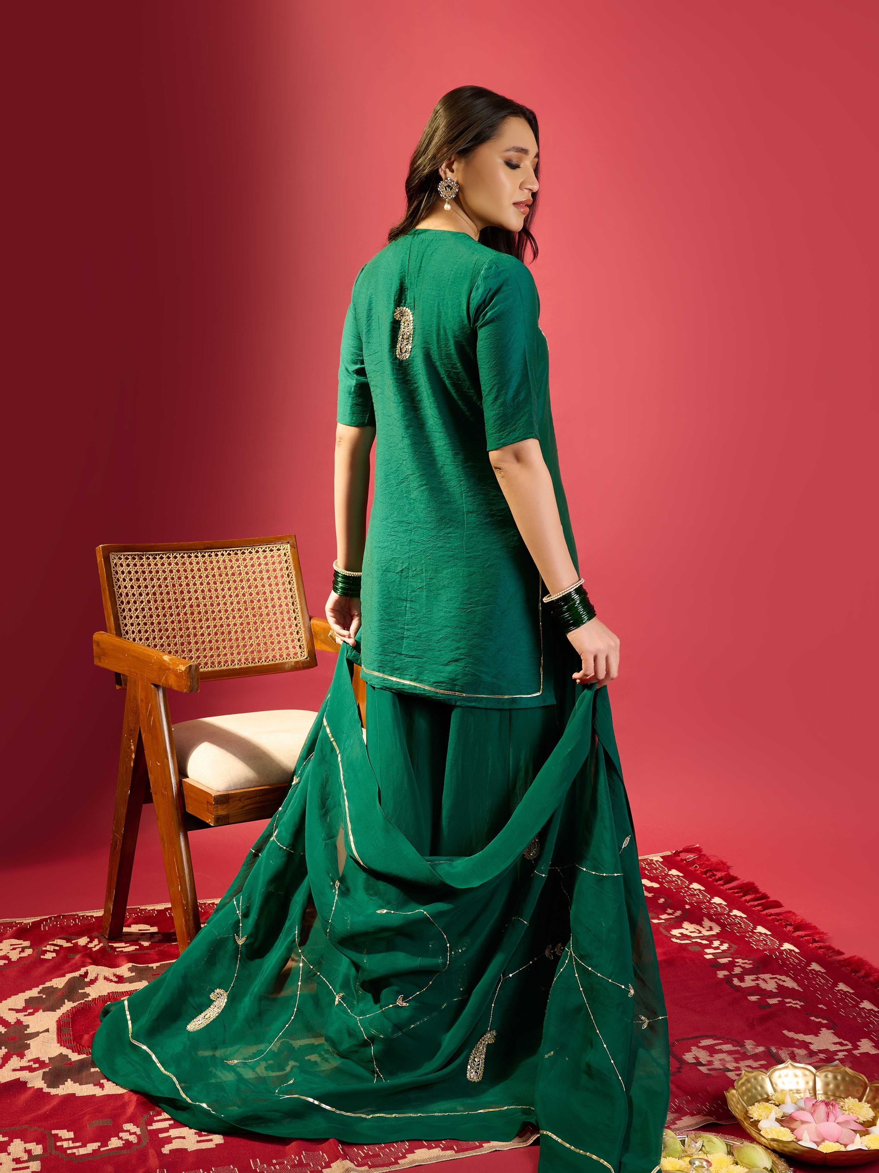 Rama Green Keri Butta Kurta Palazzo With Jaal Dupatta